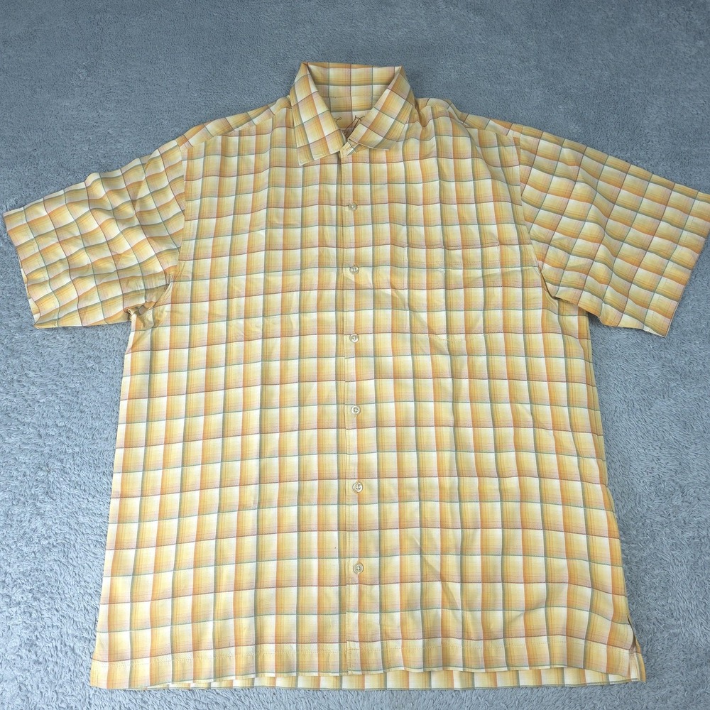 Tommy Bahama Shirt Mens Large Yellow Plaid 100% Silk Short Sleeve Button Up